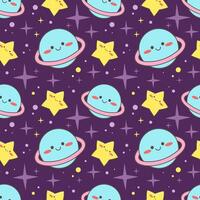 Cute seamless pattern on black of space for kids. A pattern with planets and stars. Vector illustration in Korean, Japanese style for prints and printing