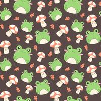 Cute seamless pattern in black with frogs, fly agaric and autumn leaves. Vector illustration in Korean, Japanese style for prints and printing