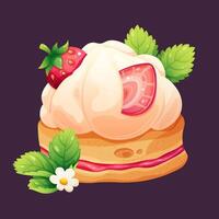 Strawberry dessert with whipped cream. Summer pastries, sweet cake with strawberries. Cartoon vector illustration with gradient