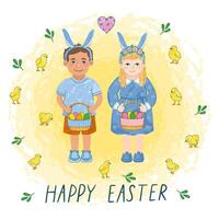 Vector Colorful Greeting Card with Illustration of Cute Little Children with Egg Basket and Hand Drawn Littering Happy Easter