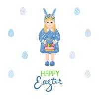 Vector Colorful Greeting Card with Illustration of Cute Little Girl with Egg Basket and Hand Drawn Littering Happy Easter