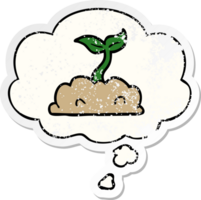 cartoon growing seedling and thought bubble as a distressed worn sticker png