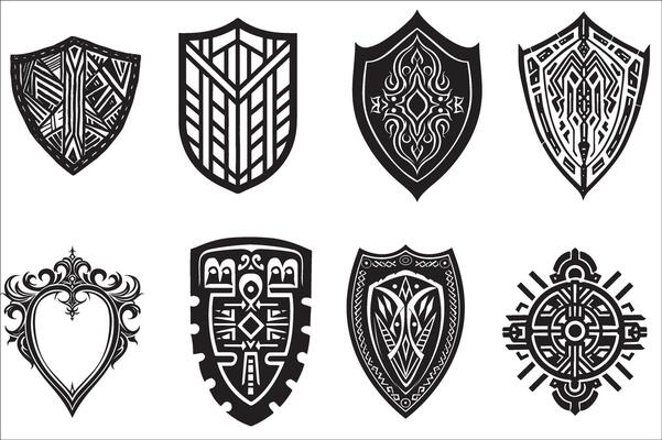 Heraldic shield, Vintage shield with various elements on a white background