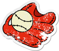 distressed sticker cartoon doodle of a baseball and glove png