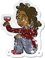 autocollant rétro en détresse d'une femme malheureuse de dessin animé avec un verre de vin png