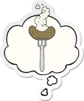 cartoon sausage on fork and thought bubble as a printed sticker png