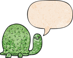 Linda tortuga de dibujos animados y burbuja de habla en estilo de textura retro png