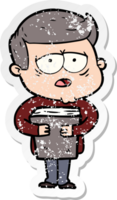 distressed sticker of a cartoon tired man png