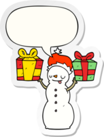 cartoon snowman and present and speech bubble sticker png