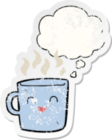 cute coffee cup cartoon and thought bubble as a distressed worn sticker png