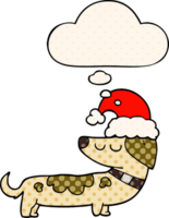Cartoon-Hund mit Weihnachtsmütze und Gedankenblase im Comic-Stil png