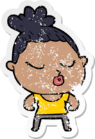 distressed sticker of a cartoon calm woman png