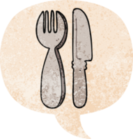 cartoon knife and fork and speech bubble in retro textured style png