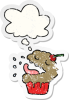 cartoon cupcake and thought bubble as a distressed worn sticker png