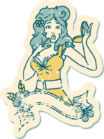 distressed sticker tattoo style icon  of a pinup surprised girl with banner png