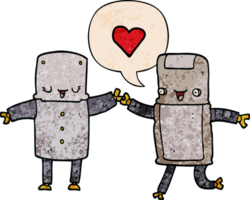 cartoon robots in love and speech bubble in retro texture style png