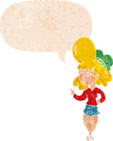 mulher de desenho animado com cabelo grande e bolha de fala em estilo retrô texturizado png