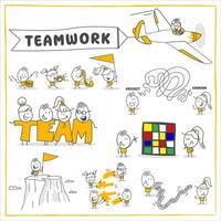 Stick figures. Teamwork. Hand drawn doodle line art cartoon design character. vector