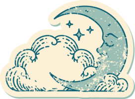 distressed sticker tattoo style icon of a crescent moon and clouds png