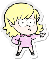 distressed sticker of a cartoon elf girl staring and pointing png