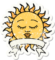 grunge sticker with banner of a sun with face png