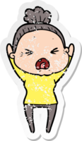 distressed sticker of a cartoon angry old woman png