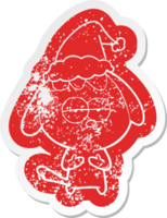 cartoon distressed sticker of a bored dog wearing santa hat png