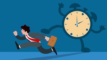 Animated of businessman running away from giant clock. Describe an end of deadline on a business schedule video