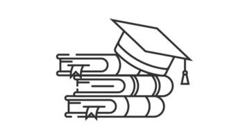 Line Animation of Stacks of Books Jump with a Toga Hat on Top. Loop HD Video. Transparent Background. Outline Motion Graphic Animation video