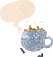 xícara de café dos desenhos animados andando e bolha de fala em estilo retrô texturizado png