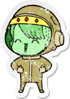 distressed sticker of a happy cartoon space girl png