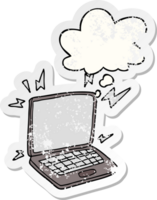 Cartoon-Laptop-Computer und Gedankenblase als verzweifelter, abgenutzter Aufkleber png