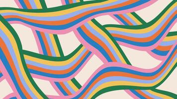 Curve rainbow colors stripes pattern. Psychedelic trippy background in hippie 60s-70s style. Retro colorful abstract design. Funky vector illustration