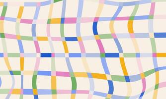 Fun abstract background in doodle style. Multi colored striped geometric pattern. Retro 60s 70s groovy design. Curve crossed lines grid. Wavy plaid backdrop in childish cartoon style vector