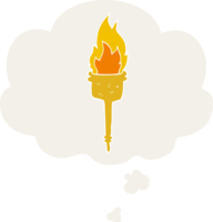 cartoon flaming torch and thought bubble in retro style png