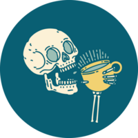 tattoo style icon of a skull drinking coffee png