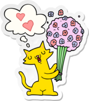 cartoon cat in love with flowers and thought bubble as a printed sticker png