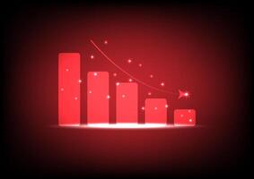 Red arrow graph drop arrow down with bar graph on red background. Money losing. Stock crisis and finance concept. vector