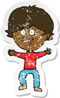 retro distressed sticker of a cartoon happy boy laughing png