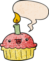 cartoon cupcake and candle and speech bubble in retro texture style png