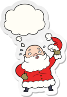 cartoon santa claus waving hat and thought bubble as a printed sticker png