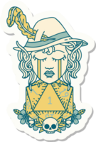 crying elf bard character with natural one D20 roll sticker png