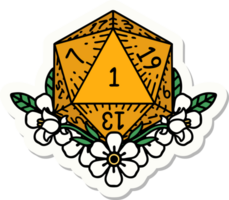 sticker of a natural one dice roll with floral elements png