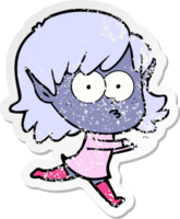 distressed sticker of a cartoon elf girl staring png