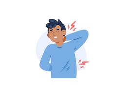 Fibromyalgia. Pain and sensitivity in the muscles that spreads. aching feeling all over the body. a man felt pain from his neck to his waist. health problems. cartoon illustration design. graphic vector