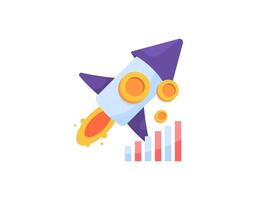 flying rocket illustration with coins and bar graph. startup business concept. business launch. Business revenues and profits soared. improvement and development. flat design. graphic elements vector