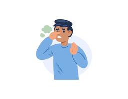 A man pinches and covers his nose because he smells an unpleasant smell. uncomfortable and disturbed by unpleasant odors. air pollution and environmental pollution. cartoon illustration design vector