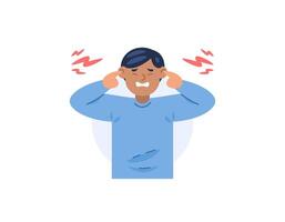 Misophonia. A man covers his ears so he doesn't hear the noise. uncomfortable and disturbed by loud and annoying sounds. Noise pollution. cartoon illustration design. graphic elements. Vector