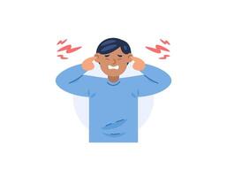 Misophonia. A man covers his ears so he doesn't hear the noise. uncomfortable and disturbed by loud and annoying sounds. Noise pollution. cartoon illustration design. graphic elements. Vector