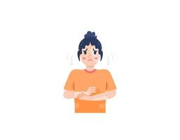 un mujer siente inseguro porque su piel tiene quemar marcas. carencia de confianza y timidez. sensación difícil y ansioso. problemas en el piel. personaje ilustración diseño. gráfico elementos. vector